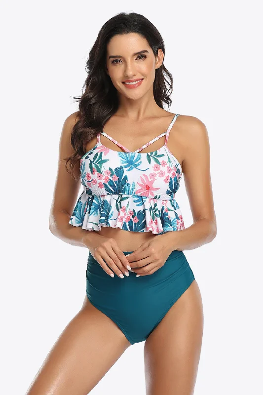 Floral print swim sets for beachside picnicsTropical Print Ruffled Two-Piece Swimsuit