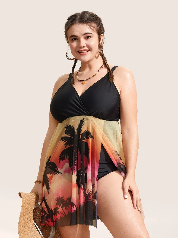 Swim sets with a embroidered detail for a unique and elegant lookTropical Print Slit Hem See Through Swim Dress