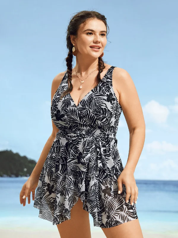 Swim sets with a tie - side bottom for a adjustable fitTropical Print Tie Knot Wrap Gathered Swim Dress