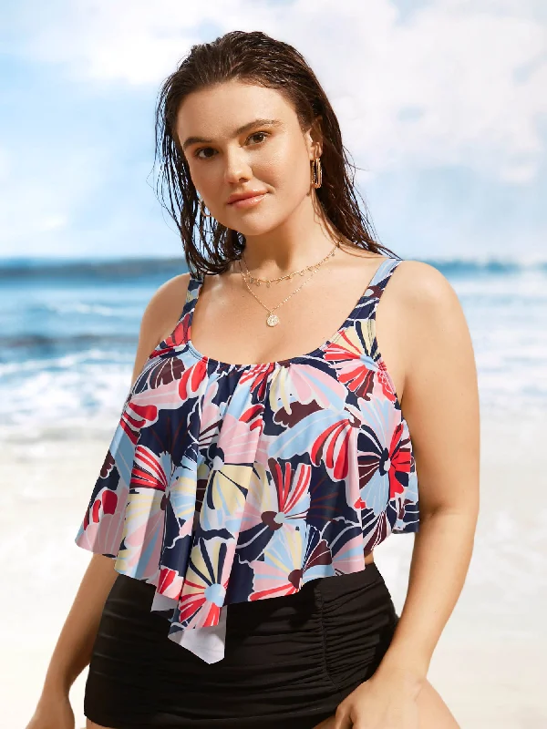 Swim sets with mesh panels for a sexy and breathable designU Neck Contrast Floral Tiered Ruffles Swim Top