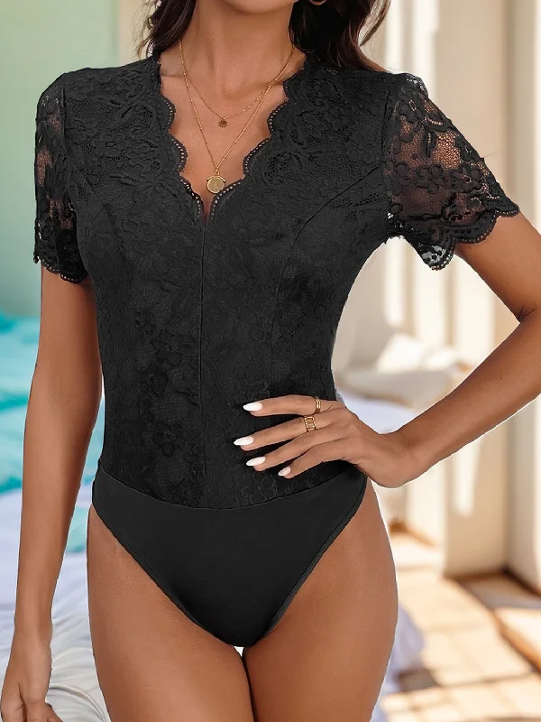 Button - Front Bodysuits with a Classic and Timeless AppealV-Neck Short Sleeve Lace Bodysuit