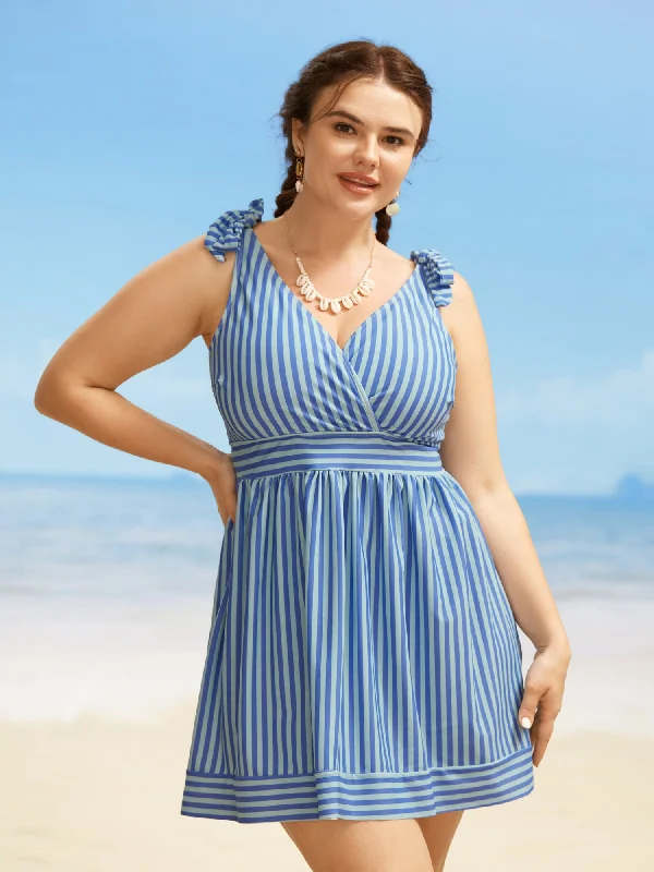 Swim sets with a high - neck design for a more modest optionV Neck Striped Tie Knot Gathered Swim Dress