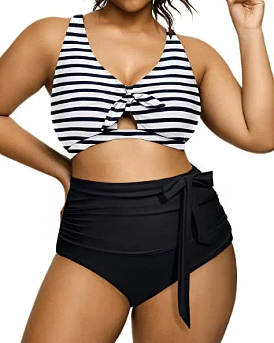 Plus size chlorine-resistant swimsuits for pool useTwo Piece Slimming Ruched Bikini Plus Size Tie Knot Swimsuit-Black And White Stripe