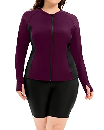 Plus size swimsuits for tall womenTwo Piece Long Sleeve Athletic Rash Guard Tankini Set For Women-Purple