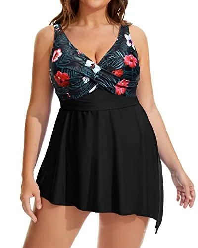 Plus size one piece swimsuits with tummy controlPlus Size Flowy Asymmetrical Hem Swim Dress Shorts-Black Floral