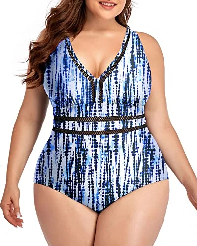 Plus size swimdresses with built-in shortsPadded Push Up Bra One Piece Swimsuits For Women Plus Size-Blue Tie Dye