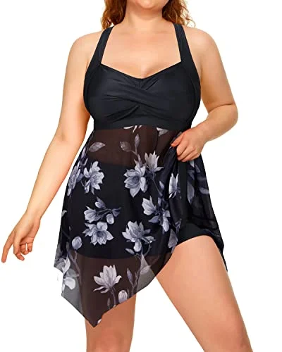 Plus size swimsuits for apple-shaped bodiesLong Torso Tankini Swimsuits Mesh Skirt And Boyshorts For Women-Black