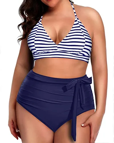 Plus size swimwear for big busts and small waistsTwo Piece Tummy Slimming Knotted High Waisted Plus Size Bikini Set-Blue White Stripe