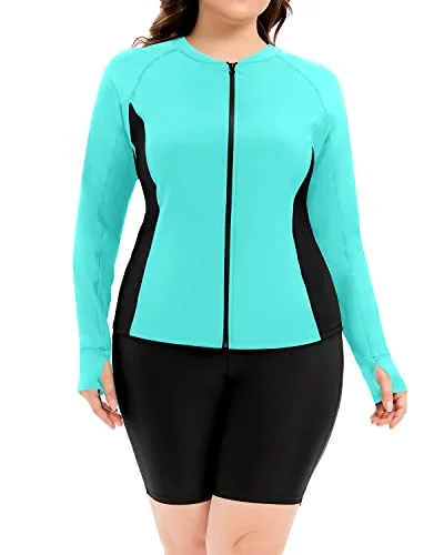 Plus size swimwear for big busts and small waistsLong Sleeve Plus Size Rash Guard Bathing Suit For Women-Aqua