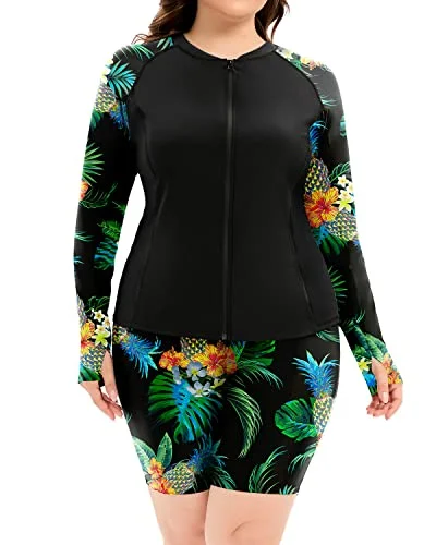 Plus size swimsuits with lace detailingWomen's Plus Size Uv Protection Rash Guard Swimsuit Zipper-Black Pineapple