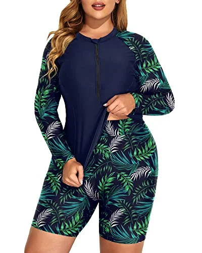 Plus size swimsuits with ombre designsAthletic Women's Rash Guard Tankini Boy Shorts Bottom-Navy Blue Leaf