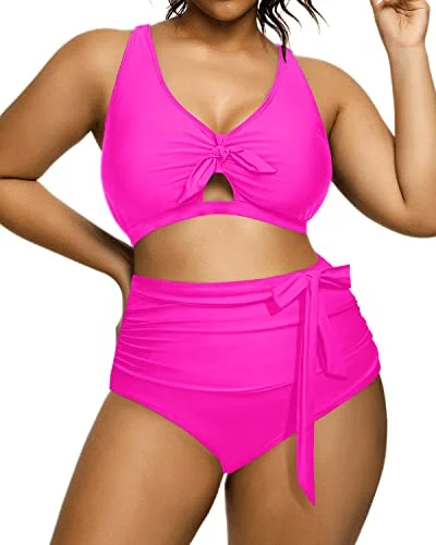 Plus size modest swimwear for religious preferencesSexy V-Neck Keyhole Bikini Plus Size Tie Knot Swimwear-Neon Pink