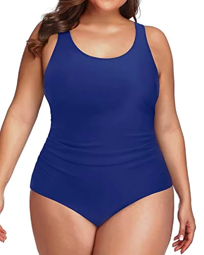 Plus size swimsuits with bust support for larger cup sizesAthletic Backless Plus Size One Piece Bathing Suit For Curvy Women-Blue