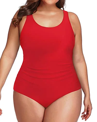 Plus size swimwear with metallic accentsFull Coverage Backless Plus Size Sporty Swimwear-Red