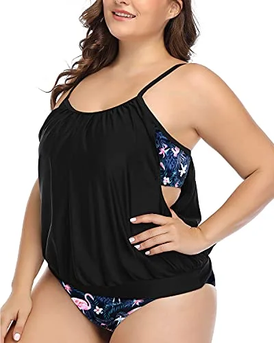 Plus size ruched swimsuits for a slimming effectAdjustable Strap Athletic Tankini Plus Size Sporty 2 Piece Tankini-Black Flamingo