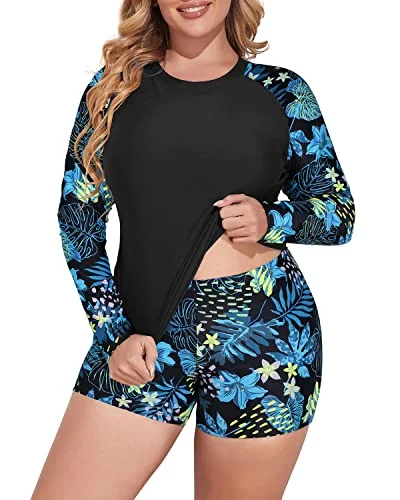 Plus size swimsuits with geometric patternsTwo Piece Long Sleeve Rash Guard Swimwear For Plus Size Women-Blue Leaf