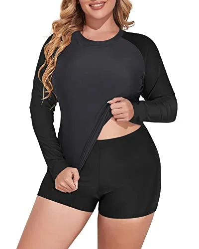 Plus size swimdresses with built-in shortsWomen's Plus Size Athletic Rash Guard Tankini Boyshorts-Grey And Black