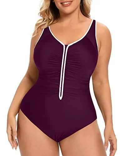 Plus size bandeau bikinis for full figuresAthletic Zip Up One Piece Swimsuit For Plus Size Women-Maroon