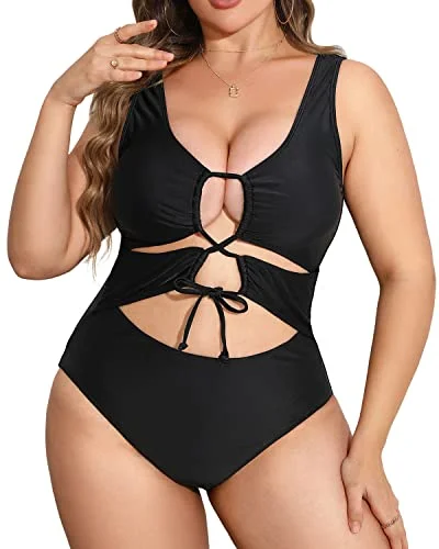 Plus size floral swimsuits for summerV Neck Plus Size Cutout One Piece Swimsuits For Women-Black