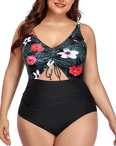 Plus size swimwear with underwire supportChic Drawstring V Neck Monokini Swimsuit-Black Floral