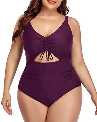 Plus size swimwear for pear-shaped figuresPlus Size High Waisted V Neck Monokini For Curvy Women-Maroon