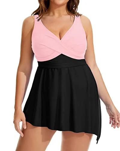 Plus size swimwear for big busts and small waistsAdjustable Strap Plus Size Swim Dress Shorts For Women-Pink And Black