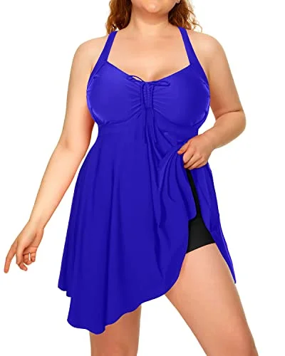 Plus size halter neck swimsuits for large bustsRuffled Irregular Hem Flowy Tankini Swimdress For Women-Royal Blue And Black