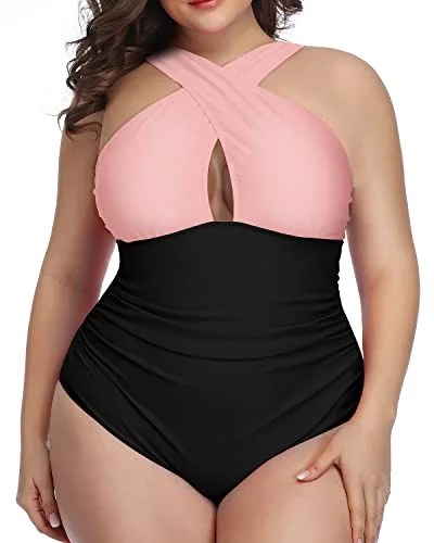 Plus size athletic swimwear for lap swimmingVintage Keyhole Tummy Control One Piece Bathing Suits-Pink And Black