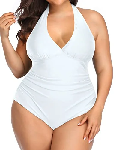 Plus size swimsuits with ombre designsHalter Backless Tummy Control One Piece Bathing Suits-White