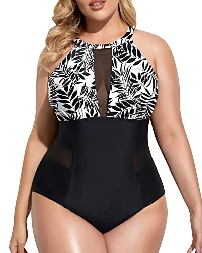 Plus size swimsuits with lace detailingTummy Control Cut Out Monokini Swimsuit For Plus Size Women-Black Leaves