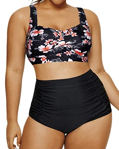 Plus size tankinis for curvy womenAdjustable Strap Bathing Suit Open Back Retro Bikini-Pink Flower