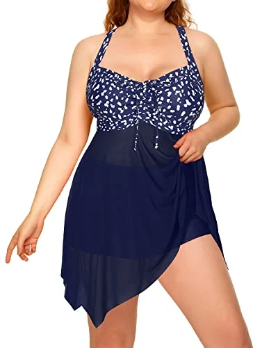 Plus size convertible swimsuits for versatile stylingFlowy Hem Mesh Tankini Two Piece Swim Dress Long Torso Swimsuits-Blue Dot