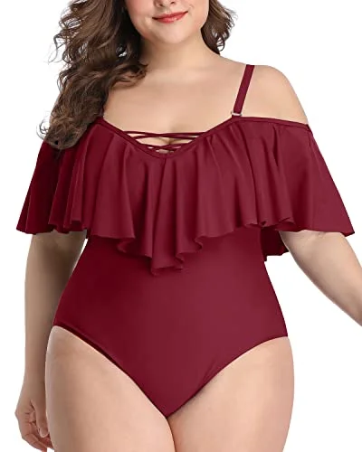 Plus size resort wear cover-ups for swimsuitsVintage Flounce Cold Shoulder Plus Size Swimwear-Maroon