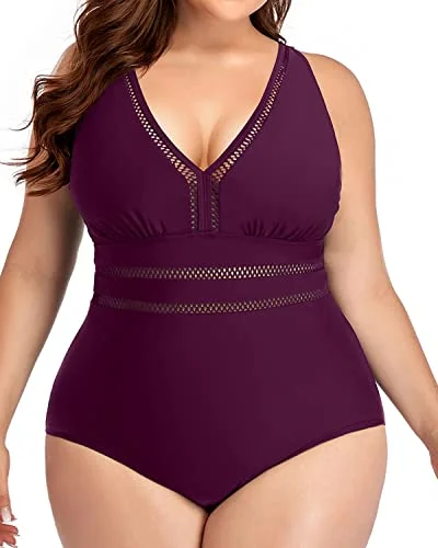 Plus size swimsuits with adjustable strapsElegant Plus Size Hollow Out V Neck Swimsuit-Maroon