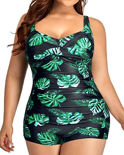 Plus size quick-dry swimsuits for conveniencePlus Size Boyleg Bathing Suits Tummy Control-Black And Green Leaf