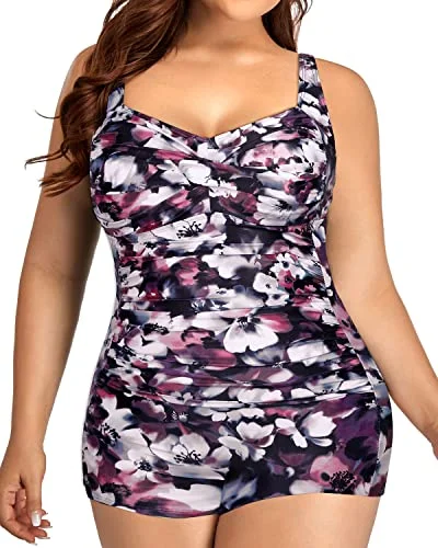 Plus size maternity swimwear for expecting momsModest Plus Size Boyshorts Swimsuits Front Twist Tummy Control-Purple Floral