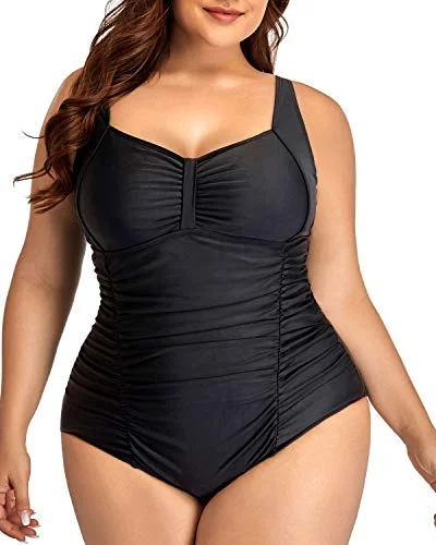 Plus size swimwear for hourglass figuresHigh Cut Vintage One Piece Swimsuits For Plus Size Women-Black