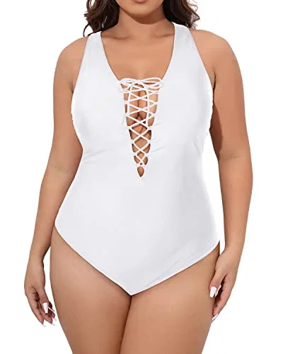 Plus size retro swimsuits with vintage flairSexy Plunge Neckline Plus Size One Piece Swimsuits For Women-White