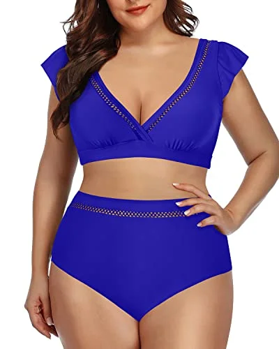 Plus size swimwear for beach vacationsPlus Size Tummy Control Bikini Set Two Piece Swimsuits For Women-Royal Blue