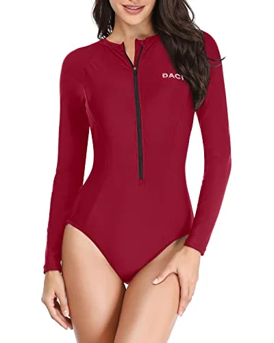 Plus size swimsuits for tropical getawaysLong Sleeve One Piece Rash Guard Bathing Suit For Women Zipper-Red